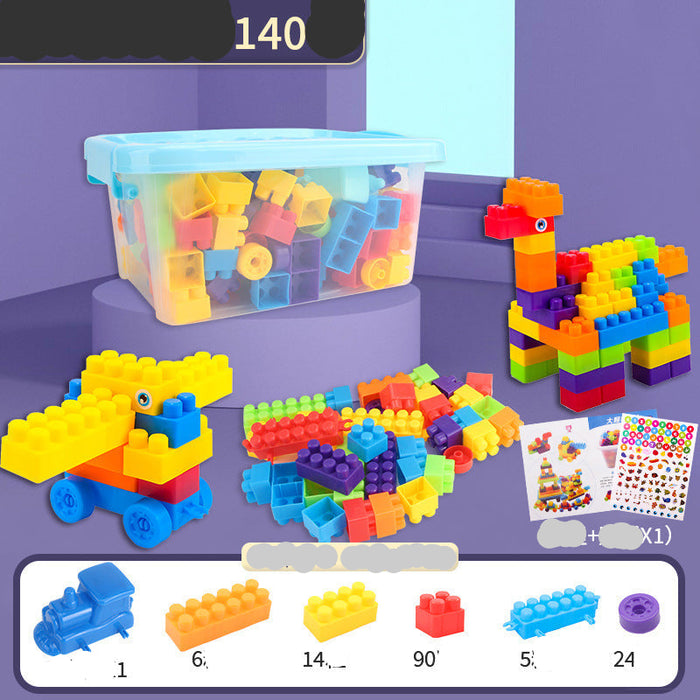 Multicolor children's building block set with a clear plastic storage bin, loose blocks, two assembled toy vehicles, and small instruction sheets on a purple studio background.