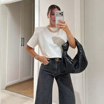 Dio Pleated Design Short-Sleeved T-shirt Women's Waist-tight Versatile Top