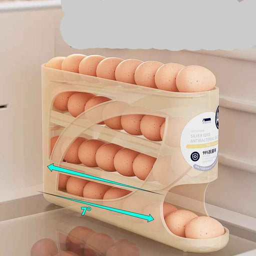 Wooden egg holder with eggs inside, showing a label and text on a beige background