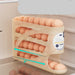 Wooden egg holder with eggs inside, showing a label and text on a beige background