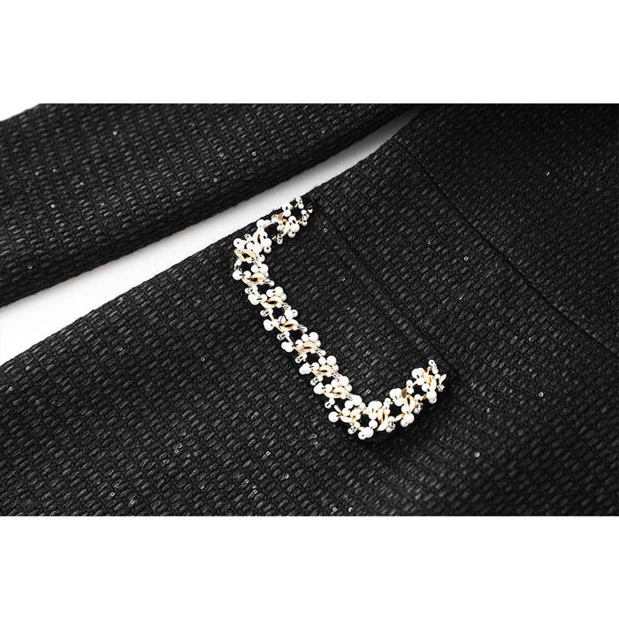 Autumn/Winter New Black Burled Square Neck Beaded Waist Long Sleeve Slim Dress - Dio Kollections