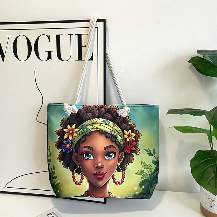 Tote bag with a design of a woman's face on a magazine with 'VOGUE' branding.