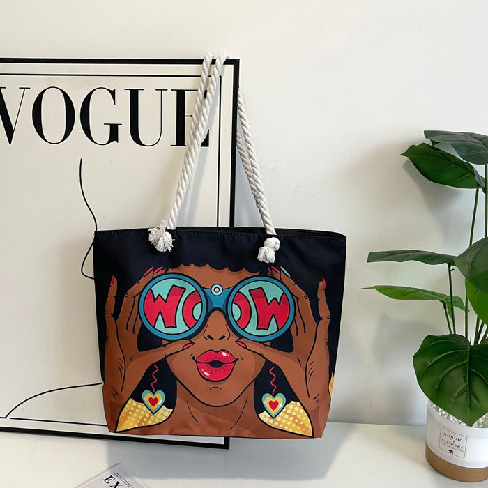 Tote bag with artistic design of a woman wearing sunglasses and holding 'WOAH' in front of her eyes, placed on top of a Vogue magazine.