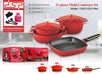 Red cookware set with pan and box on a white background, featuring DSP brand.