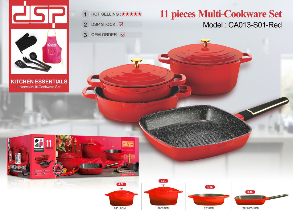 Red cookware set with pan and box on a white background, featuring DSP brand.