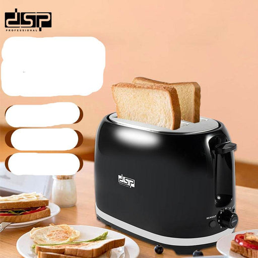 Black toaster with slices of toast on a wooden table, featuring DSP brand.