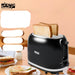 Black toaster with slices of toast on a wooden table, featuring DSP brand.