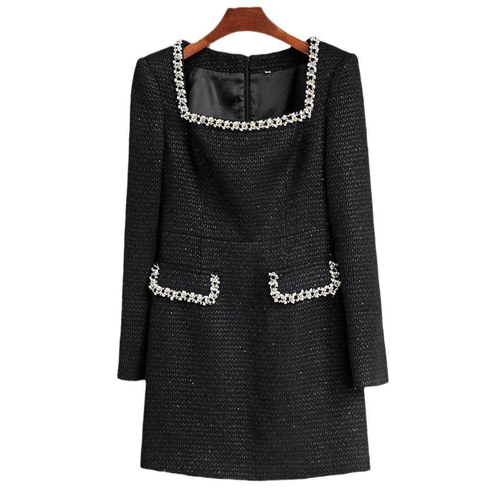 Autumn/Winter New Black Burled Square Neck Beaded Waist Long Sleeve Slim Dress - Dio Kollections