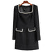 Autumn/Winter New Black Burled Square Neck Beaded Waist Long Sleeve Slim Dress - Dio Kollections