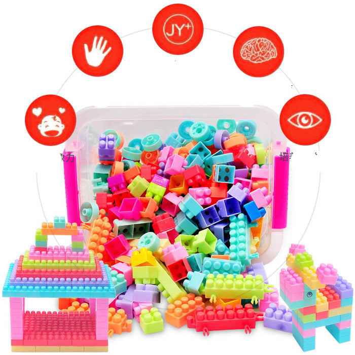 A colorful children's building block set shown with a clear plastic storage bin filled with multicolored bricks and several assembled toy structures in front. Red circular callout icons with Chinese text surround the product, explaining developmental benefits.