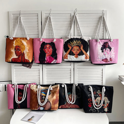 Set of tote bags with artistic depictions of women hanging on a rack.