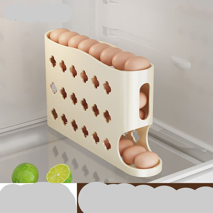 Beige egg holder with eggs inside, placed on a refrigerator shelf.