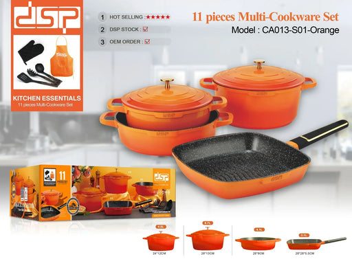 Orange cookware set with packaging on a white background