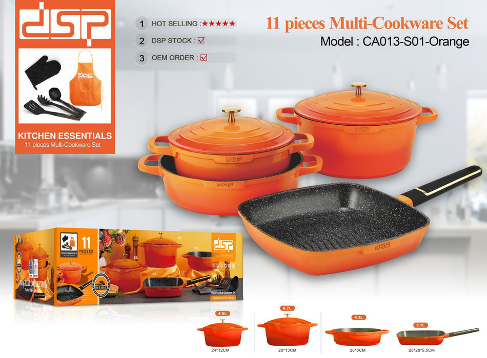 Orange cookware set with packaging on a white background