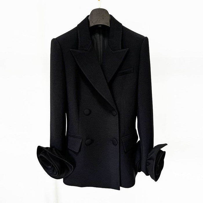 Elegant Three-Dimensional Flower Decoration Double-Breasted Slim Fit Jacket Blazer - Dio Kollections