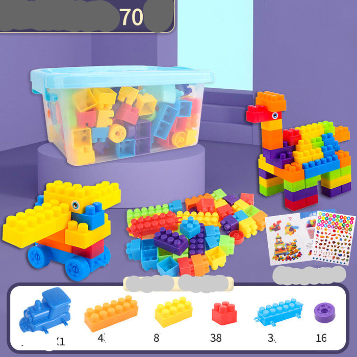 Multicolor children's building block set shown with a clear storage bin, assembled toy trains, a colorful bird figure, loose blocks, and small instruction/stickers, on a purple studio background.