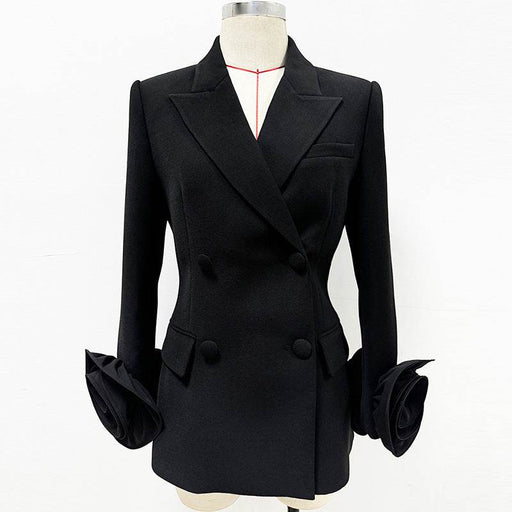 Elegant Three-Dimensional Flower Decoration Double-Breasted Slim Fit Jacket Blazer - Dio Kollections