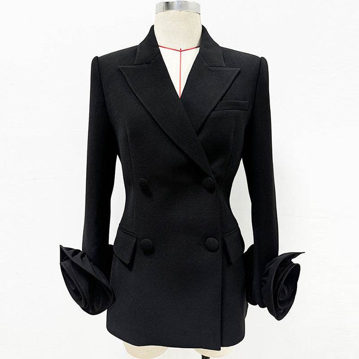 Elegant Three-Dimensional Flower Decoration Double-Breasted Slim Fit Jacket Blazer - Dio Kollections