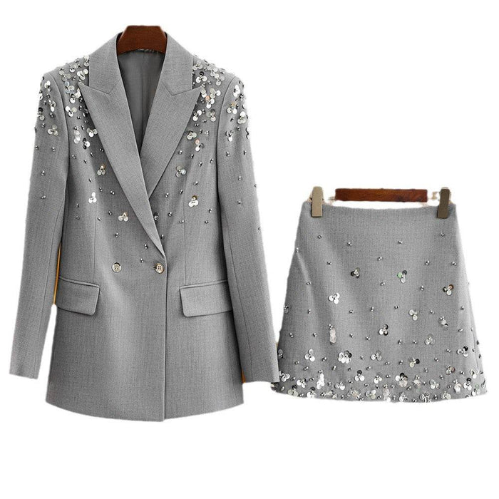 New Gray Suit Skirt Heavy Bead Sequin Fashion Short Skirt Set Two-Piece Set - Dio Kollections