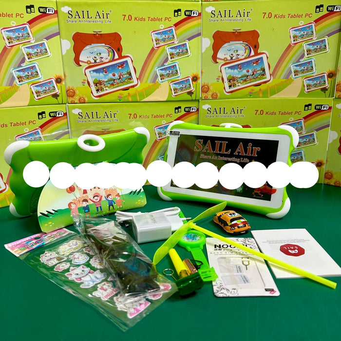 A children's tablet learning kit displayed on a green surface with multiple SAIL Air 7.0 Kids Tablet PC retail boxes in the background.