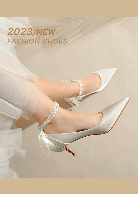 Pointy High Heels Thin heels 2024 New Bow Pearl Trip Srap Work Shoes Fashion Light Mouth Sexy Shoes - Dio Kollections