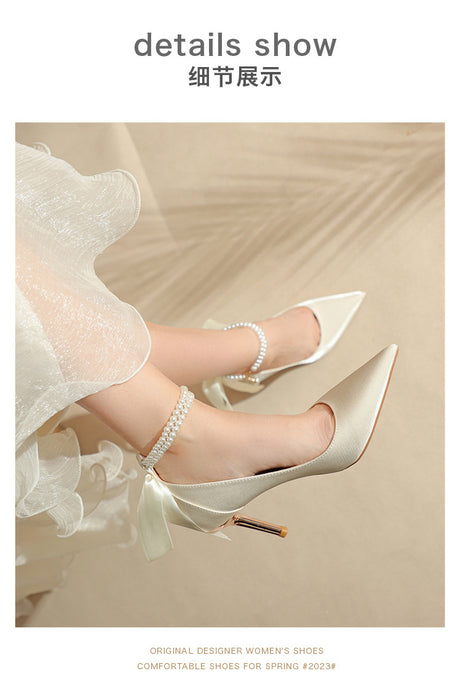 Pointy High Heels Thin heels 2024 New Bow Pearl Trip Srap Work Shoes Fashion Light Mouth Sexy Shoes - Dio Kollections