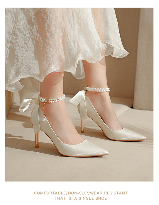 Pointy High Heels Thin heels 2024 New Bow Pearl Trip Srap Work Shoes Fashion Light Mouth Sexy Shoes - Dio Kollections