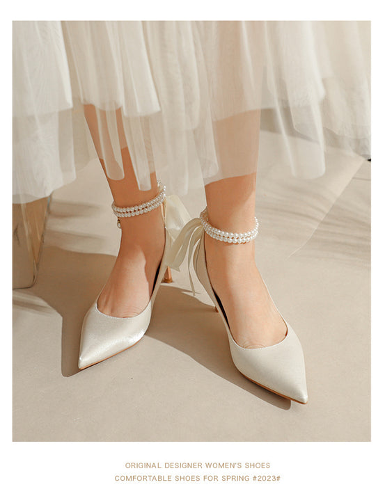 Pointy High Heels Thin heels 2024 New Bow Pearl Trip Srap Work Shoes Fashion Light Mouth Sexy Shoes - Dio Kollections