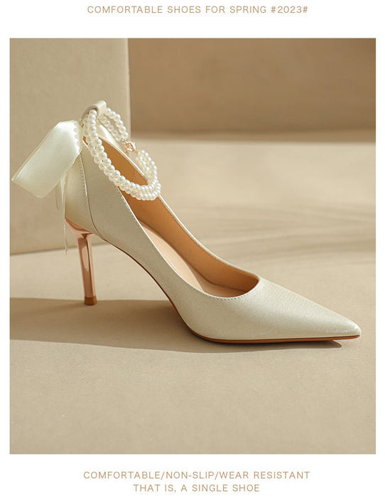 Pointy High Heels Thin heels 2024 New Bow Pearl Trip Srap Work Shoes Fashion Light Mouth Sexy Shoes - Dio Kollections