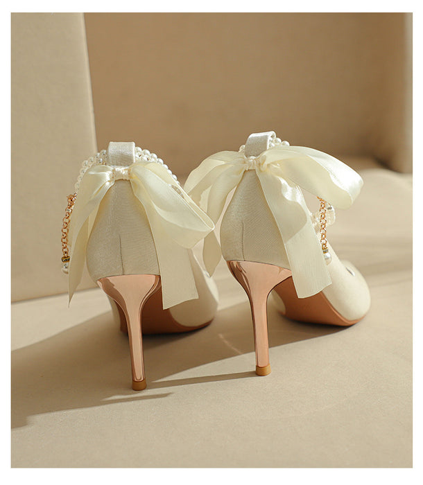 Pointy High Heels Thin heels 2024 New Bow Pearl Trip Srap Work Shoes Fashion Light Mouth Sexy Shoes - Dio Kollections