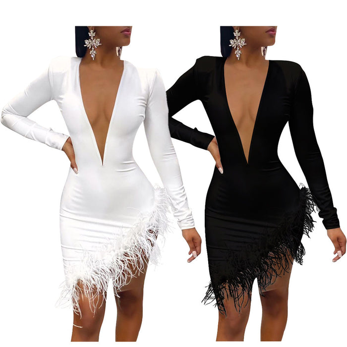 Dio Feather White Deep V Neck High Slit Bodycon Dress