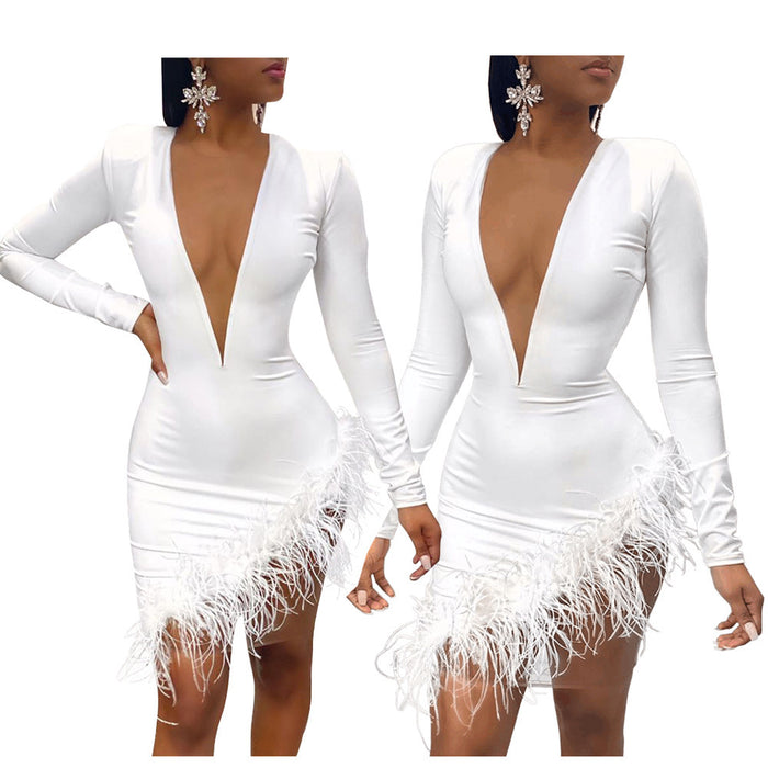 Dio Feather White Deep V Neck High Slit Bodycon Dress