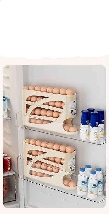 A refrigerator door organizer holding multiple rows of brown eggs on the left side, with Chinese promotional text above and bottles of milk on the right. The product appears to be a magnetic egg storage rack designed to fit into a refrigerator door.