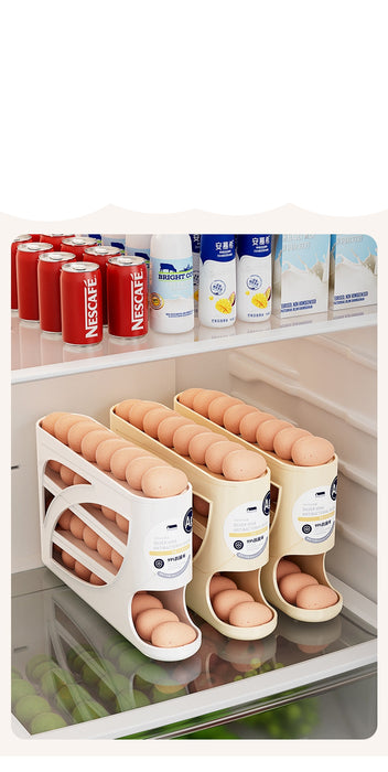 A promotional graphic for egg storage organizers, showing three white and beige plastic egg racks filled with brown eggs inside a refrigerator. 