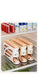 A promotional graphic for egg storage organizers, showing three white and beige plastic egg racks filled with brown eggs inside a refrigerator. 