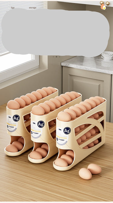 Three beige egg storage racks filled with brown eggs on a wooden countertop in a kitchen setting.