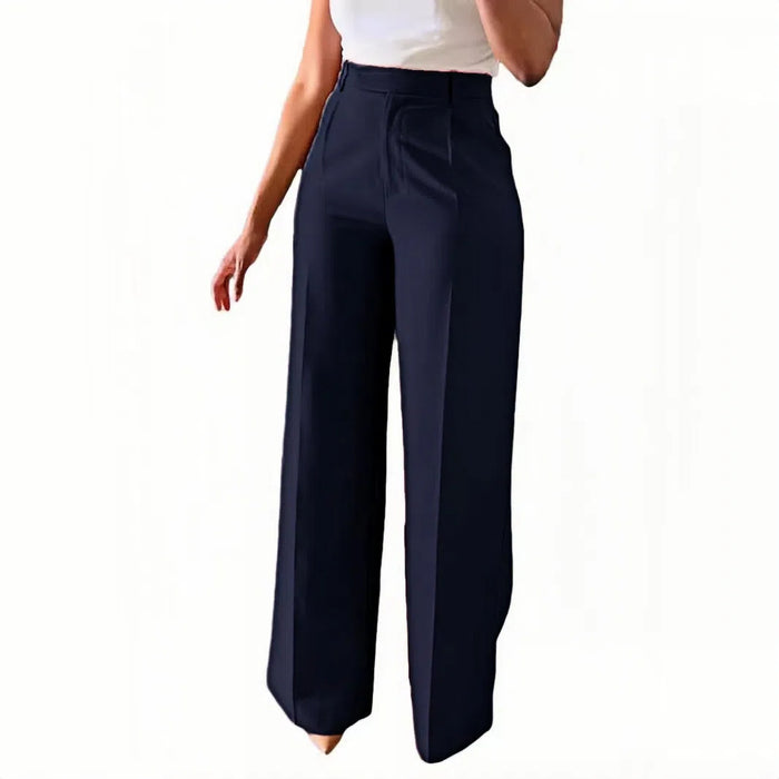 Navy blue wide-leg pants worn by a person on a white background
