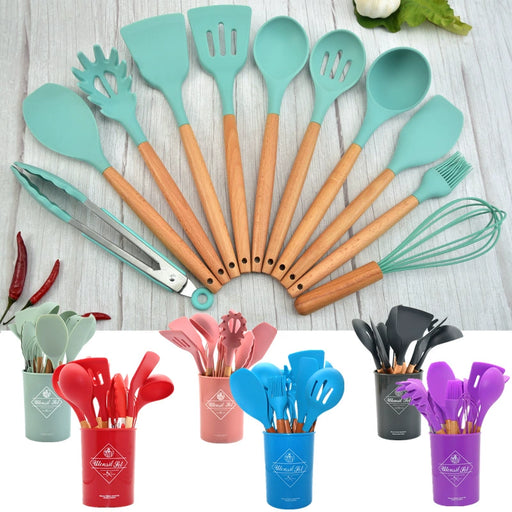 Dio 11pcs Wooden Handle Silicon Utensil Kitchenware Cookware Spatula Soup Spoon Brush Ladle Pasta Colander Non-stick Kitchen Tools - Dio Kollections