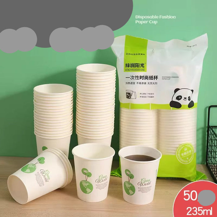 A bulk pack of disposable paper cups with several stacks and individual cups displayed. The cups are white with green leaf graphics and text.