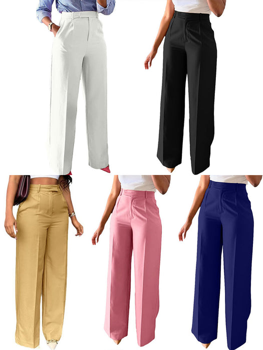 Five pairs of wide-leg pants in different colors on a white background