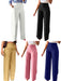 Five pairs of wide-leg pants in different colors on a white background