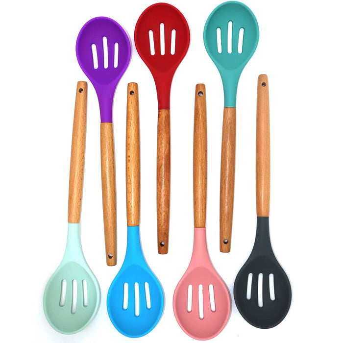 Dio 11pcs Wooden Handle Silicon Utensil Kitchenware Cookware Spatula Soup Spoon Brush Ladle Pasta Colander Non-stick Kitchen Tools - Dio Kollections