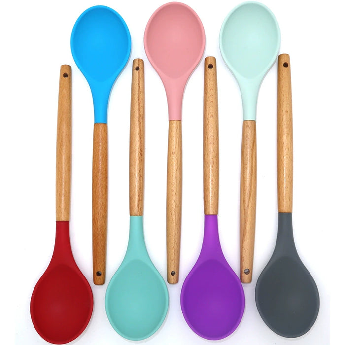 Dio 11pcs Wooden Handle Silicon Utensil Kitchenware Cookware Spatula Soup Spoon Brush Ladle Pasta Colander Non-stick Kitchen Tools - Dio Kollections