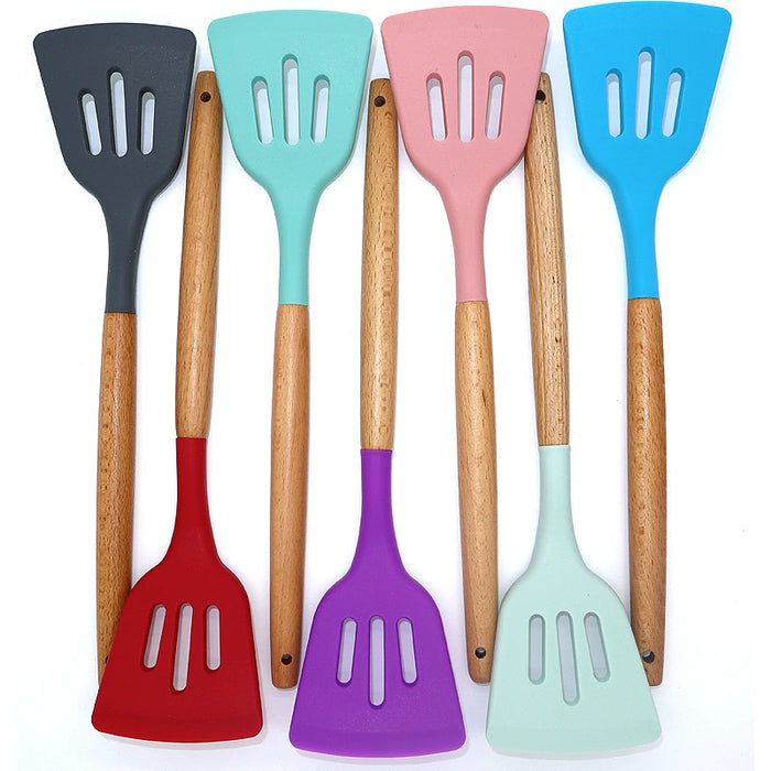 Dio 11pcs Wooden Handle Silicon Utensil Kitchenware Cookware Spatula Soup Spoon Brush Ladle Pasta Colander Non-stick Kitchen Tools - Dio Kollections