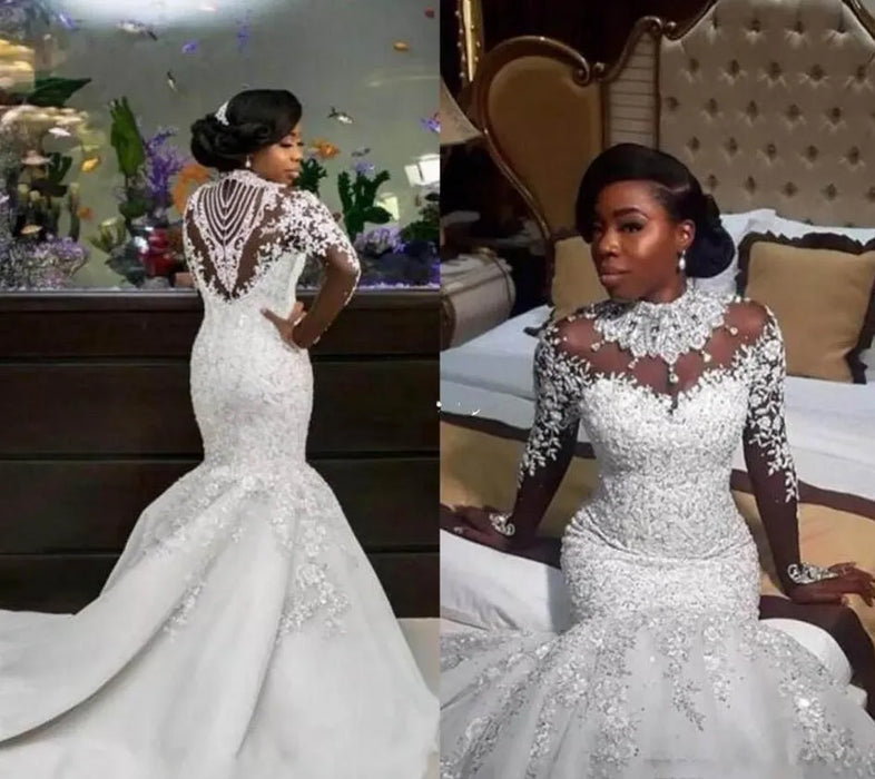 Dio Women's Luxury Sheer Long Sleeve High Neck Crystal Beads Chapel Train African Bridal Mermaid Wedding Dresses - Dio Kollections