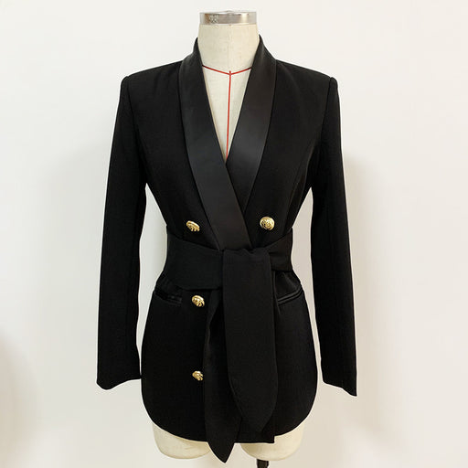 Black blazer with gold buttons on a mannequin against a white background