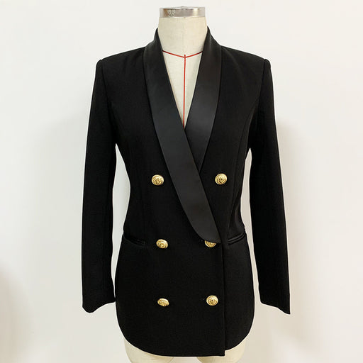 Black blazer with gold buttons on a mannequin against a white background