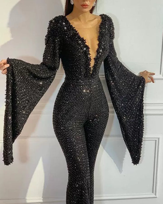 Dio Angelic Beaded Scoop Neck Sequined Prom Black Jumpsuit Evening Dresses - Dio Kollections