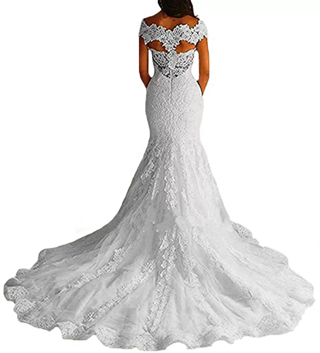 Dio Women's Vintage Full Lace Ivory Mermaid Off The Shoulder Plus Size Sweep Train Bridal Wedding Gown - Dio Kollections