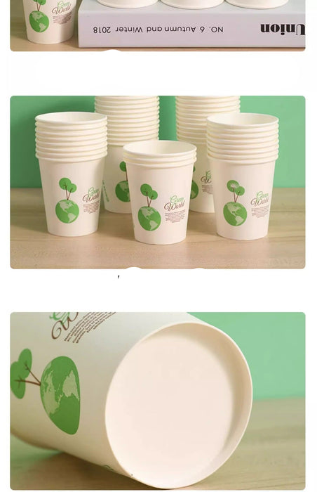 A three-panel product showcase of white paper cups with green apple and leaf graphics. The top panel shows a stack of cups with a branded box behind them